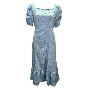 NWT Spring Blue Sweetheart Flower Midi Dress Tie Back Fits Size SML